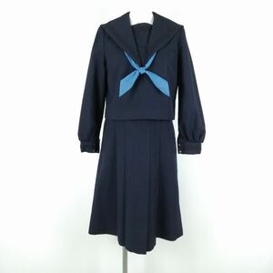 1円 セーラー服 ジャンパースカート スカーフ 上下3点セット 冬物 黒2本線 女子 学生服 中学 高校 紺 制服 中古 ランクC NA0671