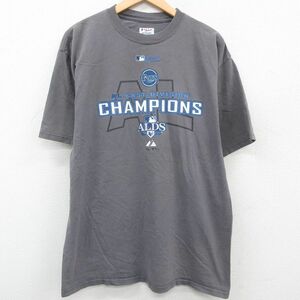 XL/古着 マジェスティック 半袖 ビンテージ Tシャツ メンズ 00s MLB タンパベイレイズ ALDS コットン クルーネック 濃グレー メジャー