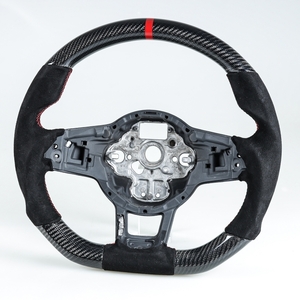VW用 ゴルフGTI ジェッタGLI ポロGTI ティグアンRライン用 ステアリング カーボン×本革スエード×赤い輪