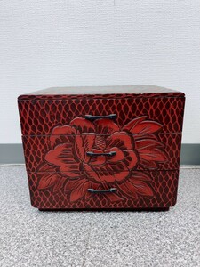 鎌倉彫 ボタン 牡丹 和風整理箱 巾広小引出 3杯引き出し 昭和レトロ 小物入れ 伝統工芸