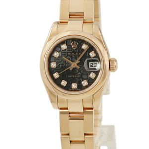 【3年保証】 ロレックス デイトジャスト 26 179165G Y番 K18PG無垢 純正10Pダイヤ 黒 彫コン 自動巻き レディース 腕時計
