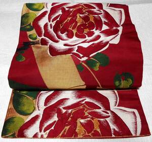 正絹／アンティーク　くすんだ赤レンガ色地に大きなバラと竹柄の名古屋帯