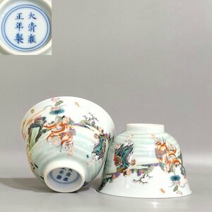 ■観心・時代旧蔵■C4847清時代 雍正年製 粉彩合和二仙杯一対・時代物・古陶磁・古賞物・旧家買出品