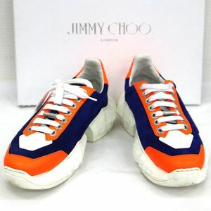美品 JIMMY CHOO ジミーチュウ スニーカー ダイヤモンド レザー 靴 レッド 24cm（37） 正規BOX 保存袋付き オレンジ シンプル かわいい