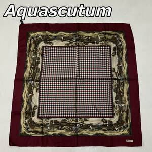 【Aquascutum】アクアスキュータム イタリア製 シルク100％ チェック グラフィック柄 大判 スカーフ ストール 