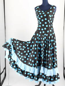 『送料無料』【フラメンコ衣装】ブラック×スカイブルー×水玉 ドレス 胸パット付き 大きく広がる裾 Flamenco タンゴ