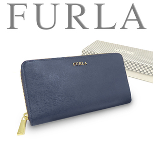 ◆未使用 超美品◆ フルラ FURLA ラウンドファスナー長財布 小物 レザー 本革 ブルー ネイビー ゴールド メンズ レディース 箱付 大容量