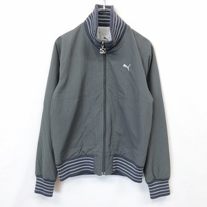 PUMA プーマ M レディース 薄手 ジップアップ ブルゾン ジャケット 裏地付き ハイネック ボーダー柄のリブ生地 長袖 ナイロン100% グレー系