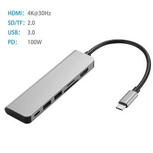 USB-C 6in1 HDMI4K カードリーダー-USB3.0×2 ハブ付 PD 100W C給電付 アダプタ 18cm