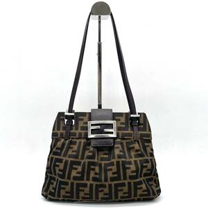 1円 美品 FENDI フェンディ ズッカ柄 ズッカ マンマバケット がま口 トートバッグ ショルダー 肩掛け カーキ FFロゴ SV金具