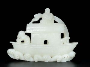 【瓏】和田玉 白玉彫 船擺件 極美品 清時代 極細工 手彫り 置物 賞物 中国古美術 蔵出