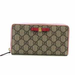 グッチ GUCCI 長財布 ラウンドファスナー GGスプリーム GG柄 リボン ゴールド金具 PVC ピンク ベージュ 388680・2091 /AQ