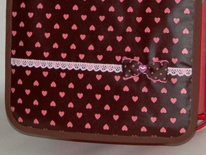 【SALE】Ｌ チョコ茶Xピンク　ハート柄　リボン付　ランドセルカバー　ラミネート　女の子