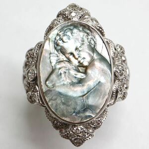 豪華!!《K18WG 天然ダイヤモンド/カメオリング》A 約9.7g 13号 0.268ct ring 指輪 羊 cameo jewelry diamond 黒貝 ジュエリー EH0/EH3