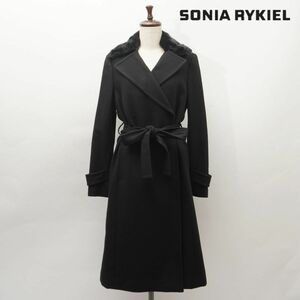 美品 SONIA RYKIEL ソニア リキエル カシミヤ混 ラムウール 襟ファー ロングコート レディース 冬物アウター 黒 ブラック サイズ40*IC307