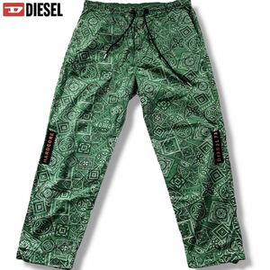 極美品/XLサイズ●DIESEL ディーゼル コットンパンツ ジョガー ジャージ スラックス カジュアル 総柄 ペイズリー グリーン 緑 ロゴワッペン