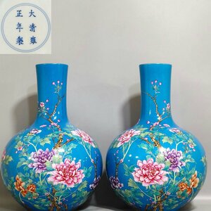 ■観心・時代旧蔵■C6077清時代 雍正年製 孔雀藍釉牡丹花天球瓶一対・時代物・古陶磁・古賞物・旧家買出品