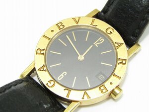 稼働品 BVLGARI ブルガリ メンズ腕時計 BB30GL 金無垢 750 K18 ブルガリブルガリ クォーツ 電池 黒文字盤 レザーベルト デイト付き