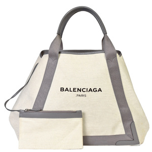 バレンシアガ BALENCIAGA ネイビーカバスM トートバッグ キャンバス レザー 339936 グレー ポーチ付 ハンドバッグ