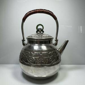 純銀製 蔵六 砲口湯沸 貴石摘 銀瓶 煎茶道具 箱付 高さ約18cm 純銀保証