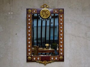 【開】スペイン『MARINER/マリネール』マホガニー 銅鍍金金具装飾 ウォールミラー 壁掛け鏡 面取り鏡 94.5×55cm CLASSICSINGULARPIECES