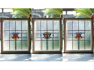 ■アンティークステンドグラス12269 3枚セット 花柄 装飾 英国 イギリス 窓 ドア 内装に ■