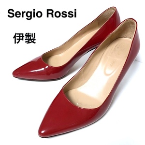 二点以上で送料無料！ 2A56【美品】伊製 Sergio Rossi セルジオロッシ エナメル パンプス 36.5 レッド 赤 23〜23.5 レディース 靴 パテント