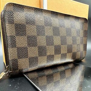 美品●LOUIS VUITTON ルイヴィトン N61728 ダミエ ポルトモネジップ ラウンドファスナー 長財布 ウォレット ブラウン FC2001 ビジネス 男女