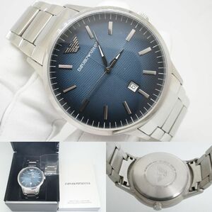 C115●作動良好 箱付 EMPORIO ARMANI エンポリオ アルマーニ AR-2472 ネイビー文字盤 デイト メンズ腕時計 シルバー お洒落 クォーツ