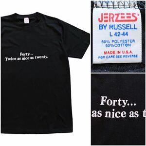 USA製 80’s JERZEES ジャージーズ ヴィンテージ Tシャツ ブラック 黒 Lサイズ シングルステッチ メッセージ 白黒 ギャグ ホワイト 白