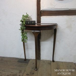 イギリス アンティーク 家具 コンソールテーブル サイドテーブル デミルーン 猫脚 飾り棚 花台 木製 英国 SMALLTABLE 6355d