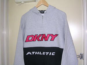 90s ダナキャラン DKNY デカロゴ 切り替え パーカー M グレー/黒 vintage old ビッグロゴ