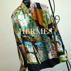 HERMES ビンテージ オーバーサイズ シルク 総柄 アンティーク スカーフ シャツ エルメス ユニセックス メンズ レディース 40 XL