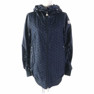 美品★MONCLER モンクレール FOUCHER フード・ロゴワッペン付 カットワークレース切替 ロング丈 ナイロンジャケット 紺 1 レディース