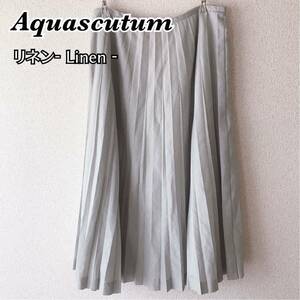 アクアスキュータム　Aquascutum プリーツスカート ロングスカート　9号　グレー　リネン　麻