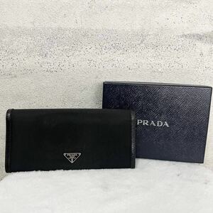 【贅沢品の極み】PRADA プラダ　長財布 カードケース　三角プレート　ナイロン　パテントレザー　エナメル　ブラック　リボン　黒