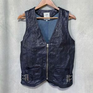 CRIMIE クライミー LEATHER VEST NAVY シワ加工 サイドベルト ジップ オールレザー ベスト ジレ size.M ネイビー 本革 牛革