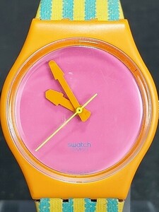 SWATCH スウォッチ GENT ゲント OMBRELLONE GO100 アナログ クォーツ 腕時計 3針 ピンク文字盤 カラフル レザーベルト 新品電池交換済み