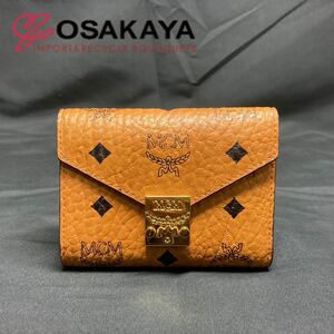 中古 MCM ヴィセトス 3つ折り財布 MYSDSXT03 コニャック エムシーエム コンパクト ウォレット キャメル ブラウン ゴールド金具 モノグラム