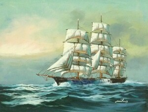 油彩画 洋画 肉筆油絵 F6号 「帆船 海景画」-110- 特価