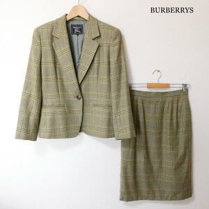 美品 BURBERRYS バーバリーズ サイズ9 グレンチェック柄 カシミヤ混 セットアップ スーツ 1B テーラードジャケット タイト スカート カーキ