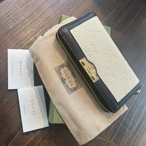 M：Aランク　グッチ　GUCCI GGジップアラウンド　レディース　長財布　レザー　ほぼ新品　美品　アイボリー／クロ