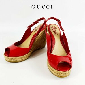 ★厚底ヒール12cm美脚★ GUCCI グッチ サンダル エナメルレザー レッド 赤 ウェッジソール オープントゥ 23cm