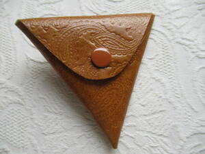 手作り 本革製三角財布 コインケース 小銭入れ 茶型押し