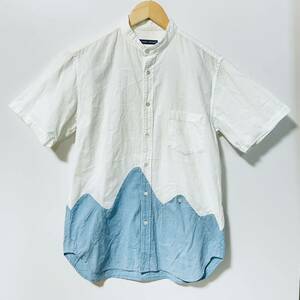 H8062gg TSUMORI CHISATO(ツモリチサト) サイズ2（M位） 半袖シャツ 白 ブルー レディース 綿100% ノーカラーシャツ おしゃれ