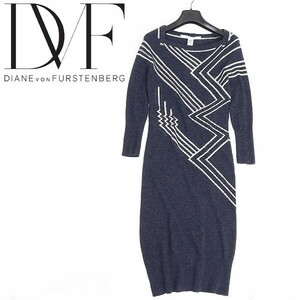 新品◆DIANE von FURSTENBERG ダイアンフォン ファステンバーグ ROZINS ビーズ装飾 七分袖 ウール ニット ワンピース チャコールネイビー P