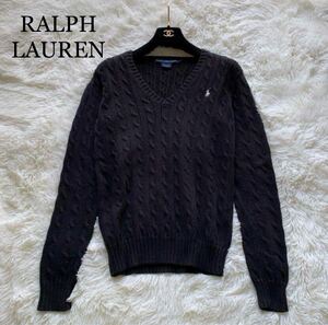 RALPH LAUREN ラルフローレン ケーブルニット セーター ニット Vネック ロゴ刺繍 ブラック L 大きめサイズ