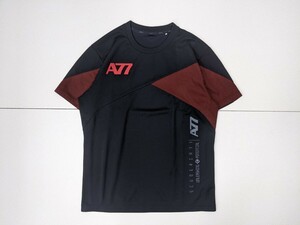 9．状態良好 アシックス ASICS A77 ドット柄入り 速乾 半袖トレーニングシャツ メンズL 黒えんじグレー x309