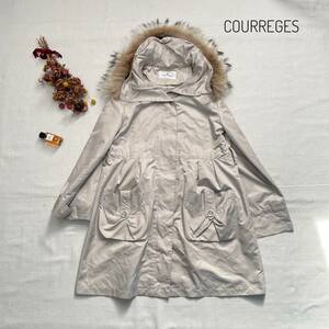 定番オシャレ♪　courreges　クレージュ　ラクーンファー付　薄手コート　ベージュ　M　ロング丈