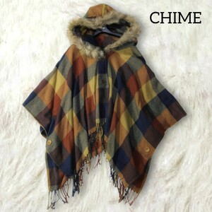 24 【CHIME】ポンチョ ストール フード フェイクファー 2way チェック ブラウン 茶色 ナチュラル ゆったり チャイム アウター レディース